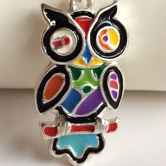 Owl Pendant Necklace Bird Multicolor Pop Aart Enamel Patchwork 19" Silver Plated - Picture 3 of 8